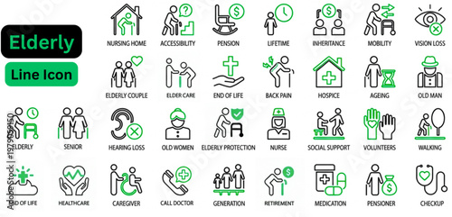 Line art vector of Elderly icon set. Elderly line icon set. Elderly care icon set. Nursing home, hospital, medical, senior citizens. Editable stroke. Vector illustration