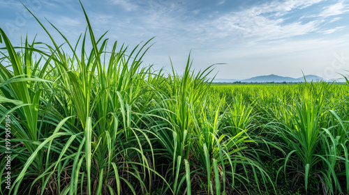 lush green field of tall grass under a blue sky with distant mountains