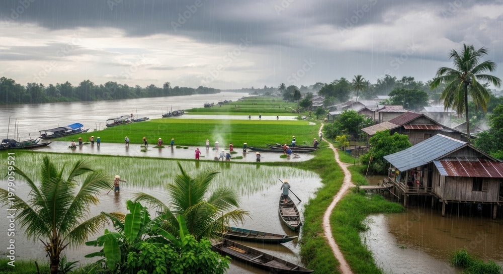 Fototapeta premium Tropical Village Landscape with Waterways and Huts.