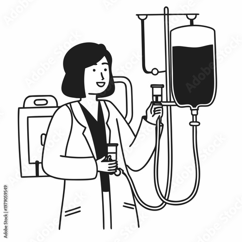 Medical professional holding blood bag and vial near equipment.