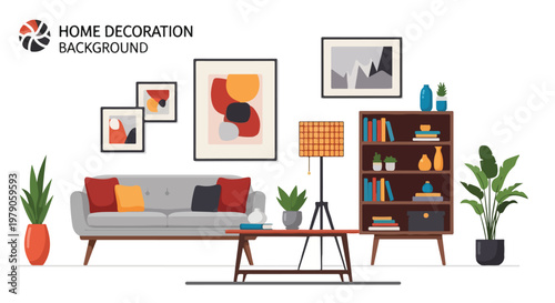 A modern living room with a couch, coffee table, bookshelf, and plants