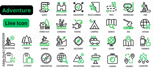Line art vector of Adventure icon set. Adventure line icon set. Travel and tourism icons set. editable line icons, linear, vacation symbols