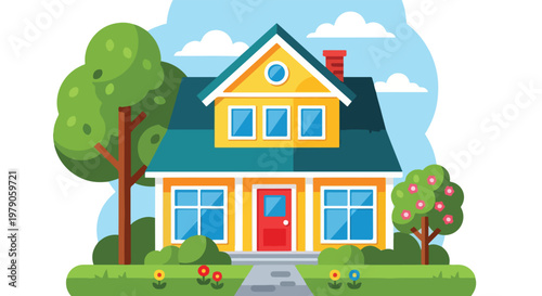 A cartoon yellow house with green roof.