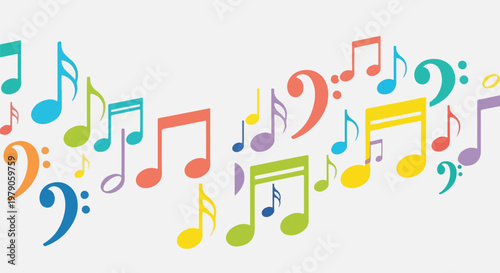 Colorful music notes and symbols on plain white background