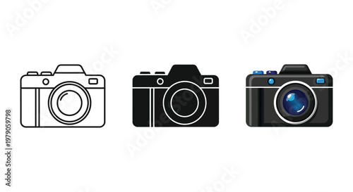 Modern digital camera set displayed as a clean vector graphic design featuring three distinct styles including outline silhouette and colorful illustration for various creative media projects
