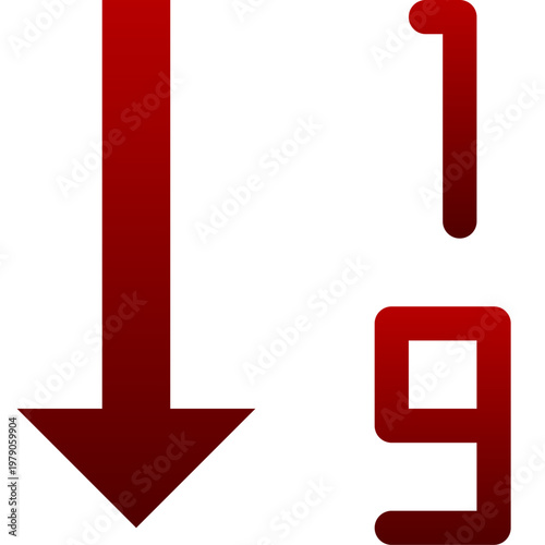 Red numeric sort ascending icon for numbers sequence 1 to 9 order