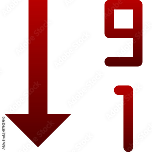 Red numeric sort descending icon for numbers sequence 9 to 1 order