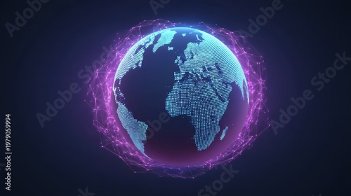 Abstract Digital World Map with Glowing Connections and Dots Visualizing Global Data Interconnectivity