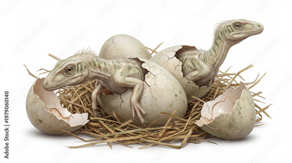 Fototapeta premium Nyasasaurus parringtoni hatchlings emerging from eggs closeup isolated on white background, detailed prehistoric scene showing birth and early dinosaur life stage. 