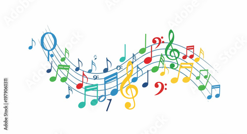 Colorful music notes and symbols on staff lines