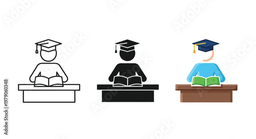 Flat vector illustration showing three variations of a student wearing a graduation cap while reading a book at a desk for academic or educational projects