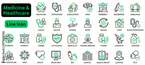 Line art vector of Medicine and Healthcare icon set. Medicine and Healthcare line icon set. Medical and healthcare line icon set. Thin line vector symbols for hospital, doctor, and pharmacy. 