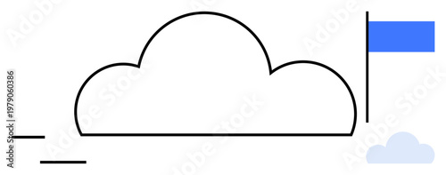 Cloud computing, data storage, connectivity, digital hosting services, internet access, file management. A simple outline of a cloud with a blue flag beside it. Cloud computing and data storage