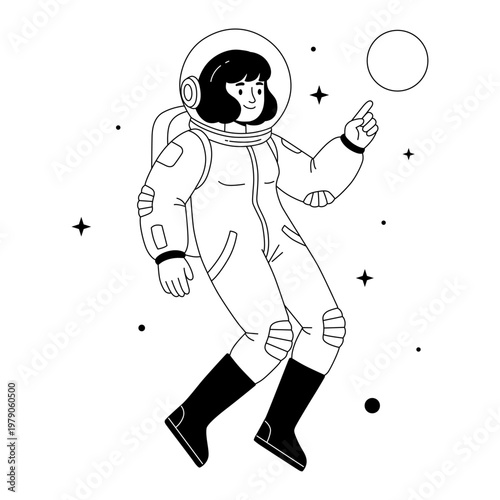 Female Astronaut Floating in Space in a Spacesuit Pointing at a Distant Planet and Stars