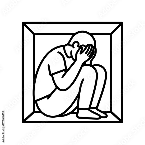 person sitting in box covering face line drawing illustration vector clipart black and white