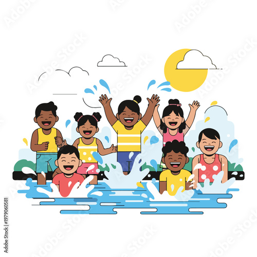 Group of diverse children splashing in water under sun and clouds