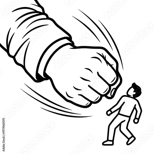 giant fist chasing small person line drawing illustration vector clipart black and white