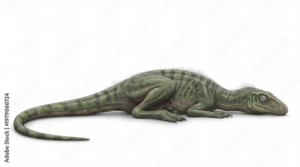 Fototapeta premium Nyasasaurus parringtoni lying down in sleeping pose isolated on white background, detailed reconstruction showing relaxed posture and early dinosaur resting behavior. 