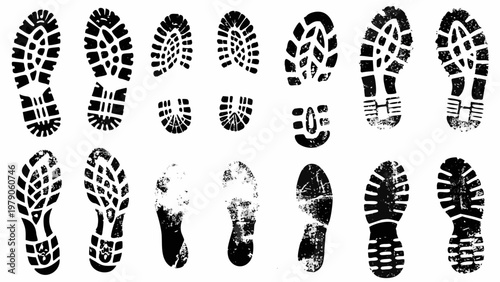 Collection of black shoe prints and sole patterns on white background