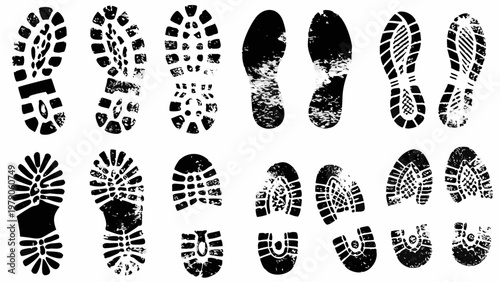 Collection of diverse shoe sole impressions in black and white