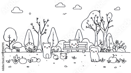 Night Park Animals with Cute Glowing Eyes Creating a Whimsical and Magical Illustration