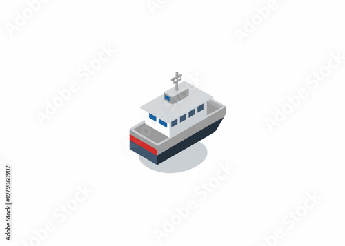 Isometric illustration of a small white and blue passenger ferry boat
