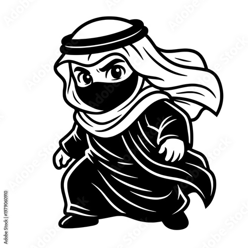 cute arabic boy in traditional keffiyeh and thobe line drawing illustration vector clipart black and white
