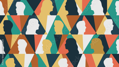 Abstract pattern of diverse faces in geometric shapes and vibrant colors