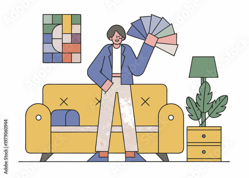 A person presents a color palette in a brightly decorated living room