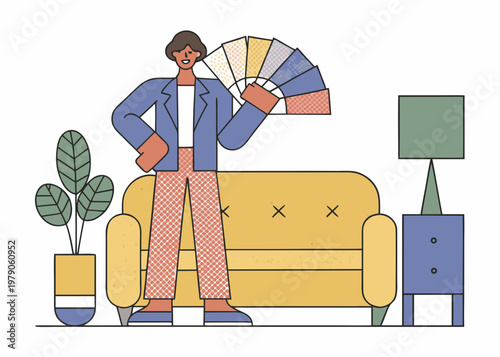 A person holds color swatches in a brightly decorated modern living room