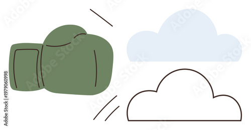 Conflict resolution, environmental issues, conservation, determination, resilience, symbolic . Green boxing glove hitting clouds. Conflict resolution and environmental issues concept