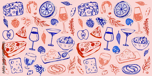 A colorful sketched pattern featuring food fruit and celebratory drinks