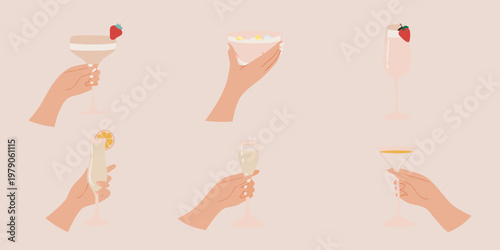 Hands holding various cocktail glasses with fruit garnishes displayed