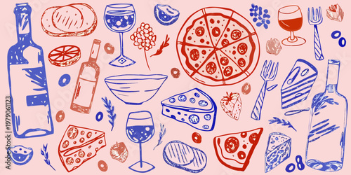 Artistic sketch of various foods and wine on a pink background