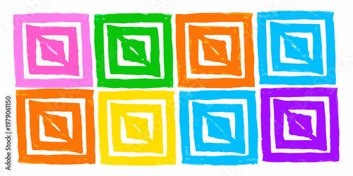 Abstract arrangement of colorful hand drawn rectangles with nested shapes