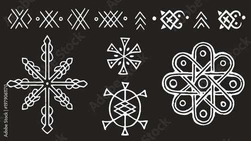 Ancient slavic symbols and ornaments in white on a black background
