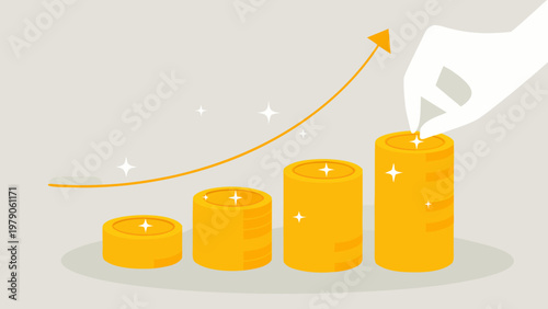 Financial growth illustrated with rising coin stacks and a helping hand