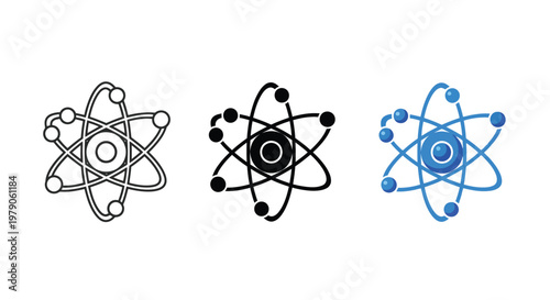 A set of vector graphic illustrations depicting atom models with electrons orbiting a central nucleus, perfect for science, education, or technology designs.