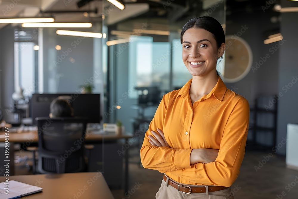 Fototapeta premium Confident businesswoman in orange shirt standing in modern office