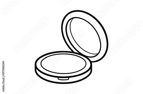Simple black and white line drawing of an open cosmetic powder compact
