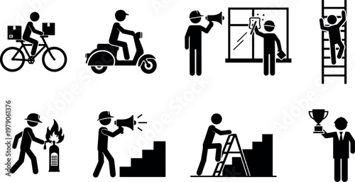 Collection of worker activity silhouettes including delivery cyclist, scooter courier, window cleaner, firefighter, announcer and ladder worker, black and white service profession icon set