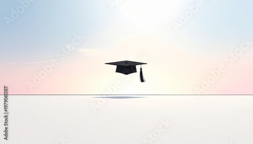 Minimalist graduation concept with academic cap floating above horizon