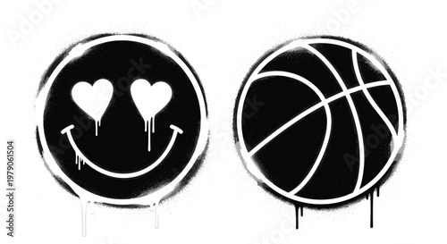 Graffiti smiley face with heart eyes and basketball stencil vector urban street art drip design