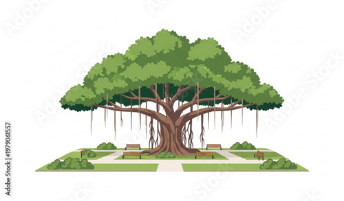Banyan Tree in University Park Flat Vector Illustration Inspired by Tainan Taiwan Campus Landscape