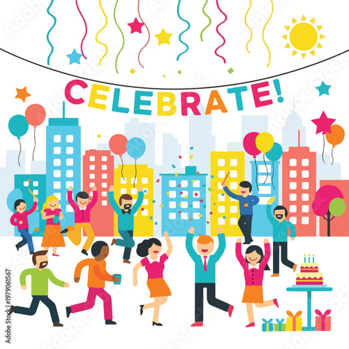 Group of people celebrating with colorful confetti, balloons, and cake