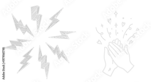 Minimalist clapping hands and lightning bolt radial burst vector line art icons set on white background