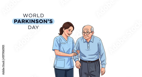 Illustrated for World Parkinson's Day, a nurse aids a senior man, symbolizing patient care support and awareness of neurological disorders, set against a clean white background in a vector