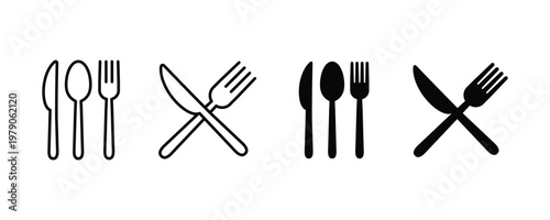 Fork, spoon, and knife icon set. Cutlery silhouettes. Silverware sign. Vector utensil illustration restaurant symbols.
