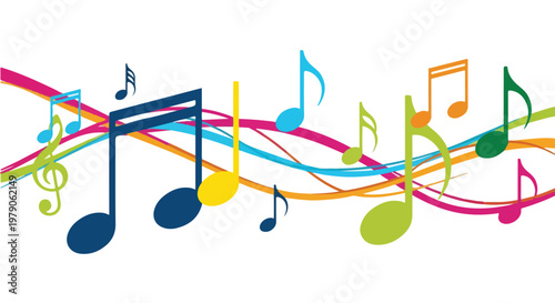 Colorful musical notes on wavy lines