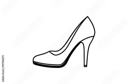 Simple black and white line drawing of a classic high heeled shoe